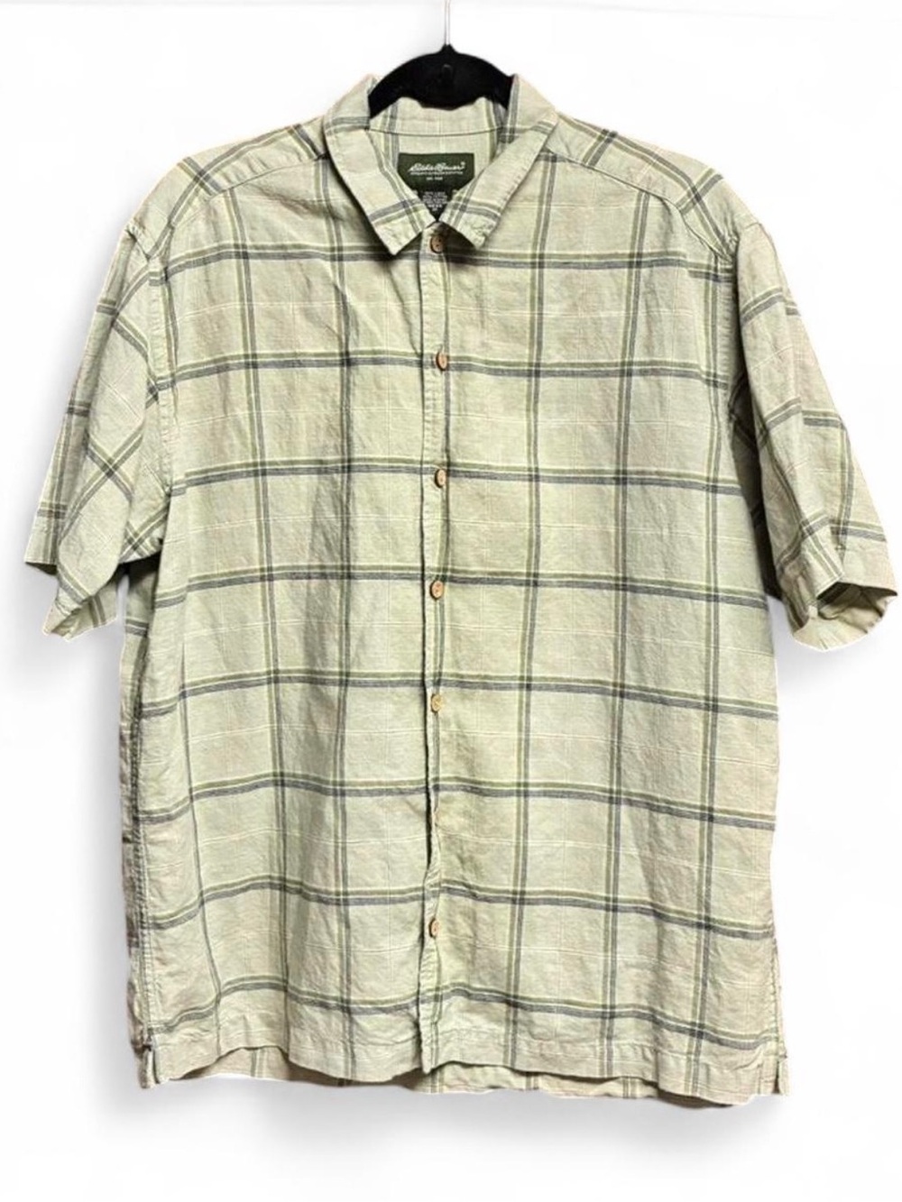 Eddie Bauer Light Green Plaid Short-Sleeve Button-Down Shirt